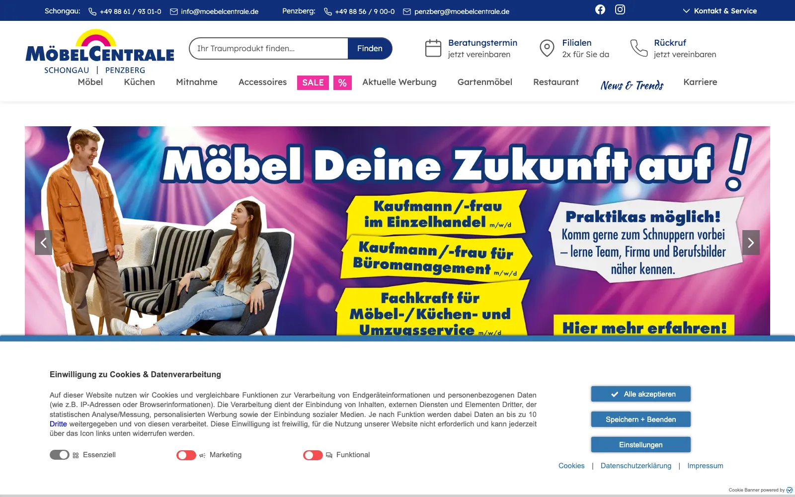 Detailansicht der Website von Möbel Centrale